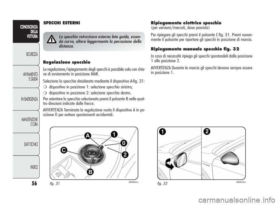 Alfa Romeo Giulietta 2010 Libretto Uso Manutenzione (in Italian) 56
CONOSCENZA
DELLA
VETTURA
SICUREZZA
AVVIAMENTO
E GUIDA
IN EMERGENZA
MANUTENZIONE
ECURA
DATI TECNICI
INDICE
Ripiegamento elettrico specchio
(per versioni/mercati, dove previsto)
Per ripiegare gli spe Alfa Romeo Giulietta 2010 Libretto Uso Manutenzione (in Italian) 56
CONOSCENZA
DELLA
VETTURA
SICUREZZA
AVVIAMENTO
E GUIDA
IN EMERGENZA
MANUTENZIONE
ECURA
DATI TECNICI
INDICE
Ripiegamento elettrico specchio
(per versioni/mercati, dove previsto)
Per ripiegare gli spe