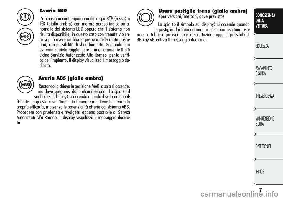 Alfa Romeo Giulietta 2011  Libretto Uso Manutenzione (in Italian) 7
CONOSCENZA
DELLA
VETTURA
SICUREZZA
AVVIAMENTO
E GUIDA
IN EMERGENZA
MANUTENZIONE
E CURA
DATI TECNICI
INDICE
Avaria EBD
L’accensione contemporanea delle spie x(rossa) e
>(giallo ambra) con motore ac