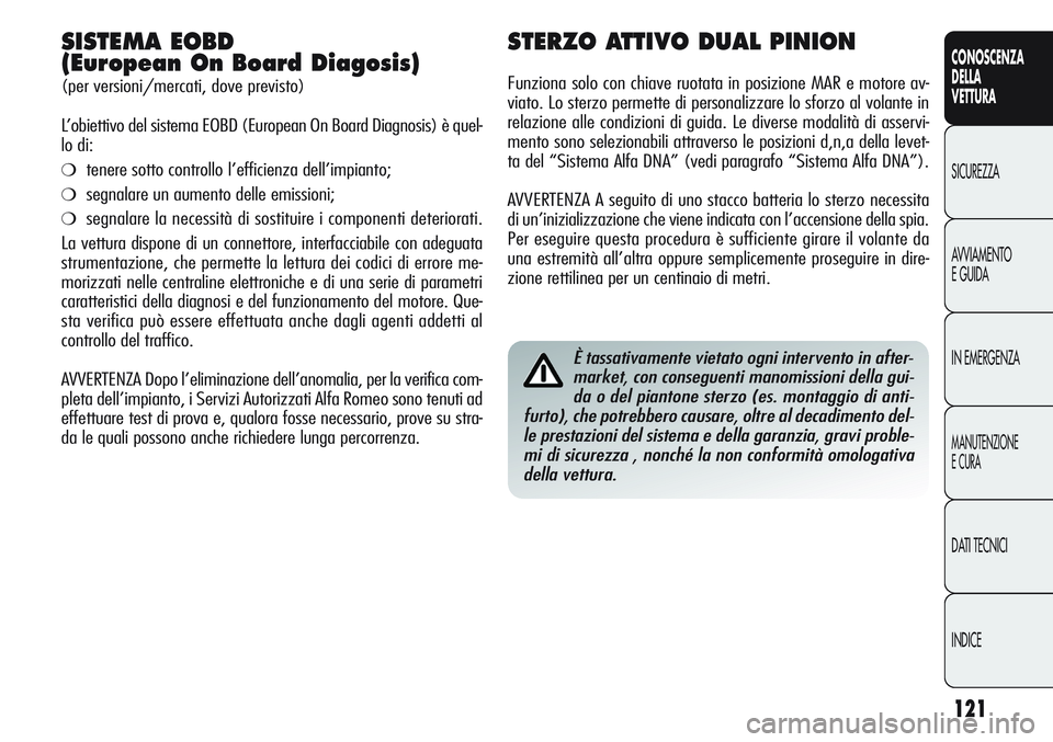 Alfa Romeo Giulietta 2011  Libretto Uso Manutenzione (in Italian) 121
CONOSCENZA
DELLA
VETTURA
SICUREZZA
AVVIAMENTO
E GUIDA
IN EMERGENZA
MANUTENZIONE
E CURA
DATI TECNICI
INDICE
SISTEMA EOBD
(European On Board Diagosis)
(per versioni/mercati, dove previsto)
L’obiet
