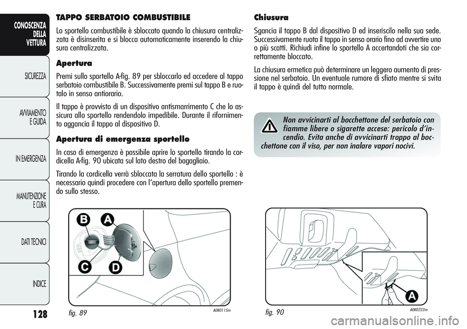 Alfa Romeo Giulietta 2011  Libretto Uso Manutenzione (in Italian) 128
CONOSCENZA
DELLA
VETTURA
SICUREZZA
AVVIAMENTO
E GUIDA
IN EMERGENZA
MANUTENZIONE
E CURA
DATI TECNICI
INDICE
fig. 89A0K0115mfig. 90A0K0222m
TAPPO SERBATOIO COMBUSTIBILE
Lo sportello combustibile è 
