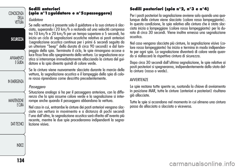 Alfa Romeo Giulietta 2011  Libretto Uso Manutenzione (in Italian) 134
CONOSCENZA
DELLA
VETTURA
SICUREZZA
AVVIAMENTO
E GUIDA
IN EMERGENZA
MANUTENZIONE
E CURA
DATI TECNICI
INDICE
Sedili anteriori 
(spia n°1=guidatore e n°5=passeggero)
Guidatore
Se nella vettura è p