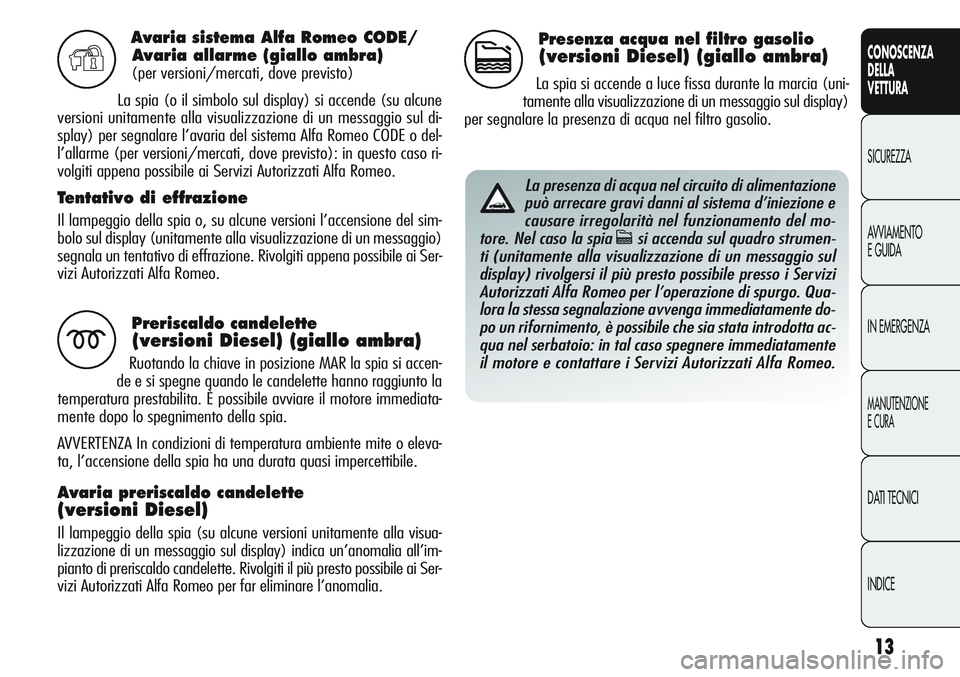 Alfa Romeo Giulietta 2011 Libretto Uso Manutenzione (in Italian) 13
CONOSCENZA
DELLA
VETTURA
SICUREZZA
AVVIAMENTO
E GUIDA
IN EMERGENZA
MANUTENZIONE
E CURA
DATI TECNICI
INDICE
Avaria sistema Alfa Romeo CODE/
Avaria allarme (giallo ambra)
(per versioni/mercati, dove Alfa Romeo Giulietta 2011 Libretto Uso Manutenzione (in Italian) 13
CONOSCENZA
DELLA
VETTURA
SICUREZZA
AVVIAMENTO
E GUIDA
IN EMERGENZA
MANUTENZIONE
E CURA
DATI TECNICI
INDICE
Avaria sistema Alfa Romeo CODE/
Avaria allarme (giallo ambra)
(per versioni/mercati, dove