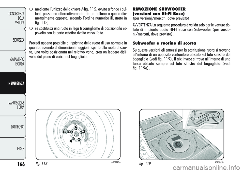 Alfa Romeo Giulietta 2011  Libretto Uso Manutenzione (in Italian) 166
CONOSCENZA
DELLA
VETTURA
SICUREZZA
AVVIAMENTO
E GUIDA
IN EMERGENZA
MANUTENZIONE
E CURA
DATI TECNICI
INDICE
fig. 118A0K0040mfig. 119A0K0235m
❍mediante l’utilizzo della chiave A-fig. 115, avvita