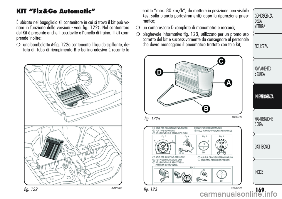 Alfa Romeo Giulietta 2011  Libretto Uso Manutenzione (in Italian) 169
CONOSCENZA
DELLA
VETTURA
SICUREZZA
AVVIAMENTO
E GUIDA
IN EMERGENZA
MANUTENZIONE
E CURA
DATI TECNICI
INDICE
KIT “Fix&Go Automatic”
È ubicato nel bagagliaio (il contenitore in cui si trova il k