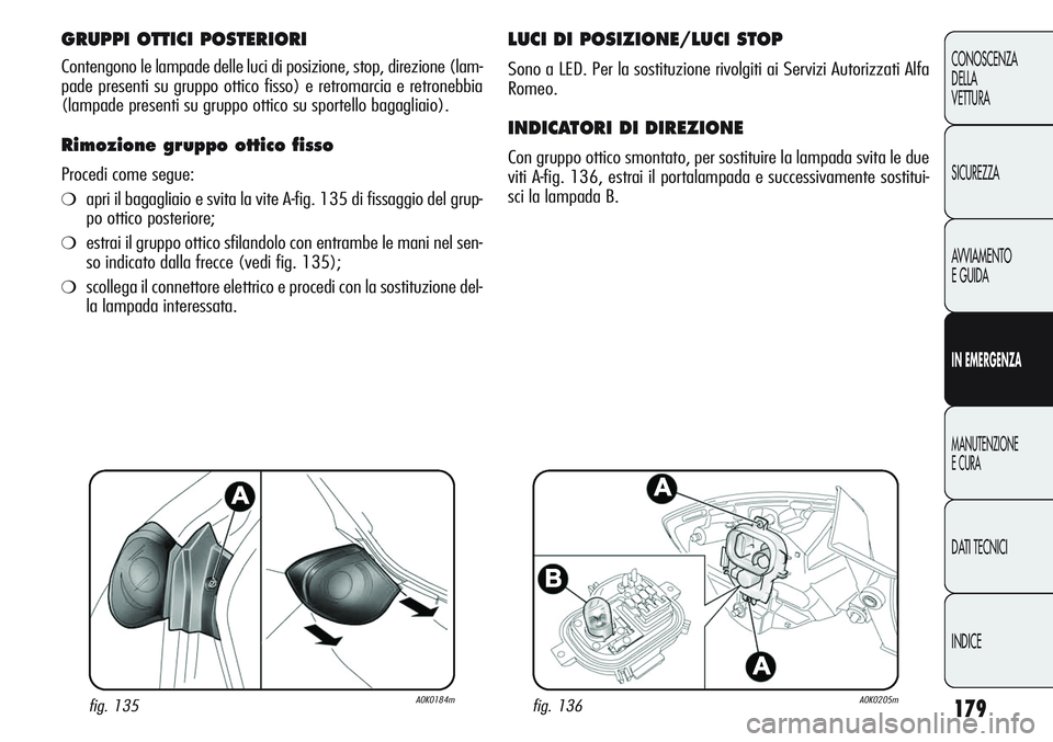 Alfa Romeo Giulietta 2011  Libretto Uso Manutenzione (in Italian) 179
CONOSCENZA
DELLA
VETTURA
SICUREZZA
AVVIAMENTO
E GUIDA
IN EMERGENZA
MANUTENZIONE
E CURA
DATI TECNICI
INDICE
GRUPPI OTTICI POSTERIORI 
Contengono le lampade delle luci di posizione, stop, direzione 