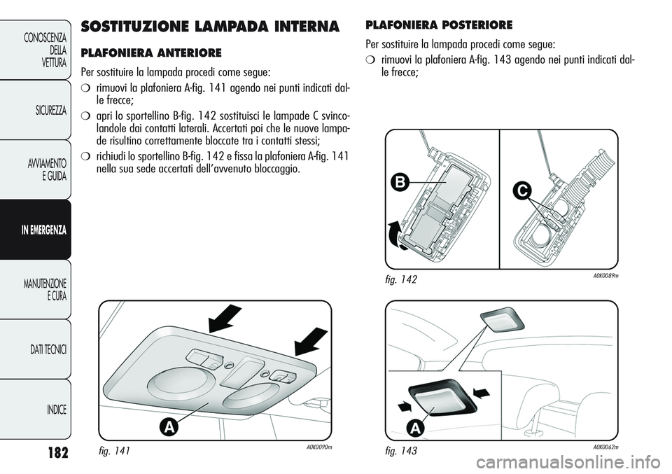 Alfa Romeo Giulietta 2011  Libretto Uso Manutenzione (in Italian) 182
CONOSCENZA
DELLA
VETTURA
SICUREZZA
AVVIAMENTO
E GUIDA
IN EMERGENZA
MANUTENZIONE
E CURA
DATI TECNICI
INDICE
SOSTITUZIONE LAMPADA INTERNA
PLAFONIERA ANTERIORE
Per sostituire la lampada procedi come 