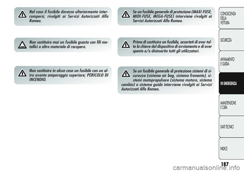 Alfa Romeo Giulietta 2012  Libretto Uso Manutenzione (in Italian) 187
CONOSCENZA
DELLA
VETTURA
SICUREZZA
AVVIAMENTO
E GUIDA
IN EMERGENZA
MANUTENZIONE
E CURA
DATI TECNICI
INDICE
Nel caso il fusibile dovesse ulteriormente inter-
rompersi, rivolgiti ai Servizi Autorizz
