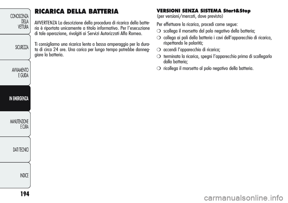 Alfa Romeo Giulietta 2012  Libretto Uso Manutenzione (in Italian) 194
CONOSCENZA
DELLA
VETTURA
SICUREZZA
AVVIAMENTO
E GUIDA
IN EMERGENZA
MANUTENZIONE
E CURA
DATI TECNICI
INDICE
RICARICA DELLA BATTERIA
AVVERTENZA La descrizione della procedura di ricarica della batte