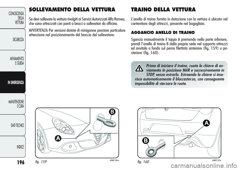 Alfa Romeo Giulietta 2012  Libretto Uso Manutenzione (in Italian) 196
CONOSCENZA
DELLA
VETTURA
SICUREZZA
AVVIAMENTO
E GUIDA
IN EMERGENZA
MANUTENZIONE
E CURA
DATI TECNICI
INDICE
SOLLEVAMENTO DELLA VETTURA
Se devi sollevare la vettura rivolgiti ai Servizi Autorizzati 