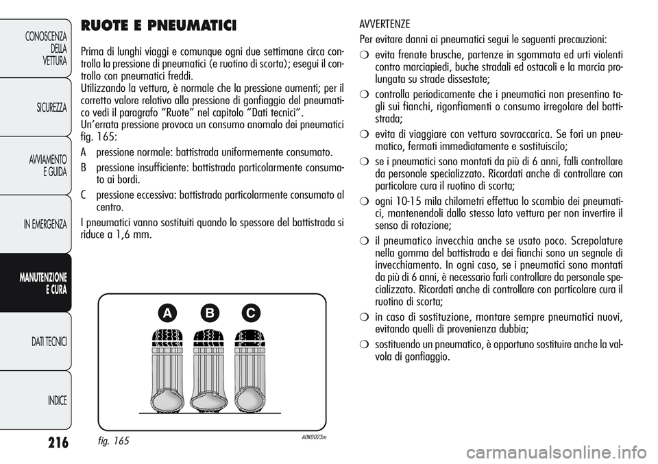 Alfa Romeo Giulietta 2012 Libretto Uso Manutenzione (in Italian) 216
CONOSCENZA
DELLA
VETTURA
SICUREZZA
AVVIAMENTO
E GUIDA
IN EMERGENZA
MANUTENZIONE
ECURA
DATI TECNICI
INDICE
RUOTE E PNEUMATICI
Prima di lunghi viaggi e comunque ogni due settimane circa con-
trolla Alfa Romeo Giulietta 2012 Libretto Uso Manutenzione (in Italian) 216
CONOSCENZA
DELLA
VETTURA
SICUREZZA
AVVIAMENTO
E GUIDA
IN EMERGENZA
MANUTENZIONE
ECURA
DATI TECNICI
INDICE
RUOTE E PNEUMATICI
Prima di lunghi viaggi e comunque ogni due settimane circa con-
trolla
