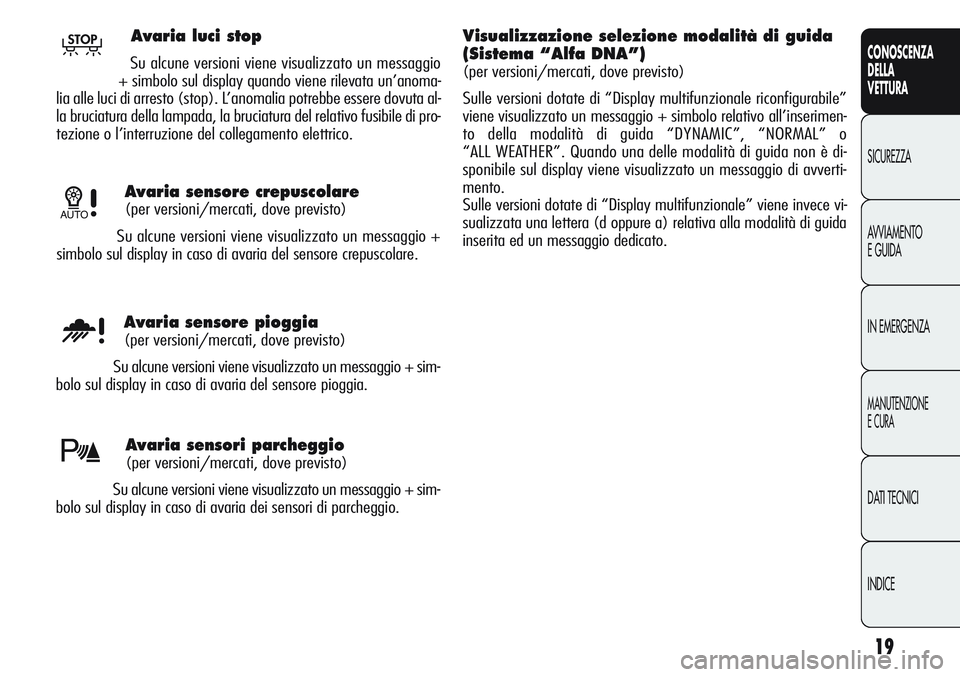 Alfa Romeo Giulietta 2012 Libretto Uso Manutenzione (in Italian) 19
CONOSCENZA
DELLA
VETTURA
SICUREZZA
AVVIAMENTO
E GUIDA
IN EMERGENZA
MANUTENZIONE
E CURA
DATI TECNICI
INDICE
Avaria sensore crepuscolare
(per versioni/mercati, dove previsto)
Su alcune versioni viene Alfa Romeo Giulietta 2012 Libretto Uso Manutenzione (in Italian) 19
CONOSCENZA
DELLA
VETTURA
SICUREZZA
AVVIAMENTO
E GUIDA
IN EMERGENZA
MANUTENZIONE
E CURA
DATI TECNICI
INDICE
Avaria sensore crepuscolare
(per versioni/mercati, dove previsto)
Su alcune versioni viene