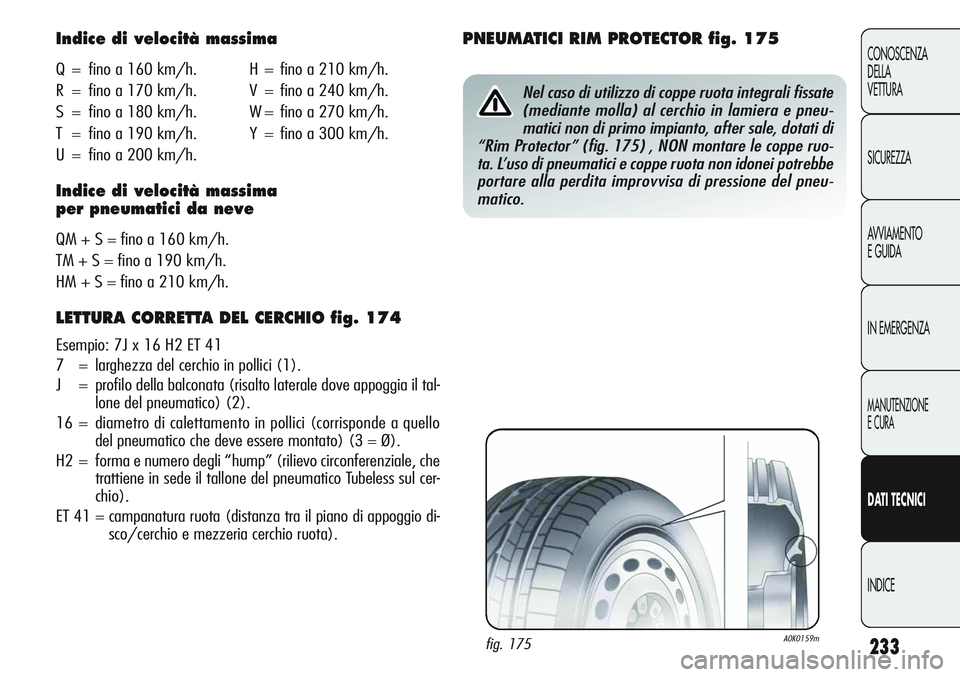 Alfa Romeo Giulietta 2012  Libretto Uso Manutenzione (in Italian) 233
CONOSCENZA
DELLA
VETTURA
SICUREZZA
AVVIAMENTO
E GUIDA
IN EMERGENZA
MANUTENZIONE
E CURA
DATI TECNICI
INDICE
Indice di velocità massima
Q = fino a 160 km/h. H = fino a 210 km/h.
R = fino a 170 km/h