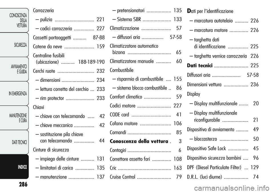 Alfa Romeo Giulietta 2012 Libretto Uso Manutenzione (in Italian) 286
CONOSCENZA
DELLA
VETTURA
SICUREZZA
AVVIAMENTO
E GUIDA
IN EMERGENZA
MANUTENZIONE
E CURA
DATI TECNICI
INDICE
Carrozzeria
– pulizia ............................. 221
– codici carrozzeria ........ Alfa Romeo Giulietta 2012 Libretto Uso Manutenzione (in Italian) 286
CONOSCENZA
DELLA
VETTURA
SICUREZZA
AVVIAMENTO
E GUIDA
IN EMERGENZA
MANUTENZIONE
E CURA
DATI TECNICI
INDICE
Carrozzeria
– pulizia ............................. 221
– codici carrozzeria ........
