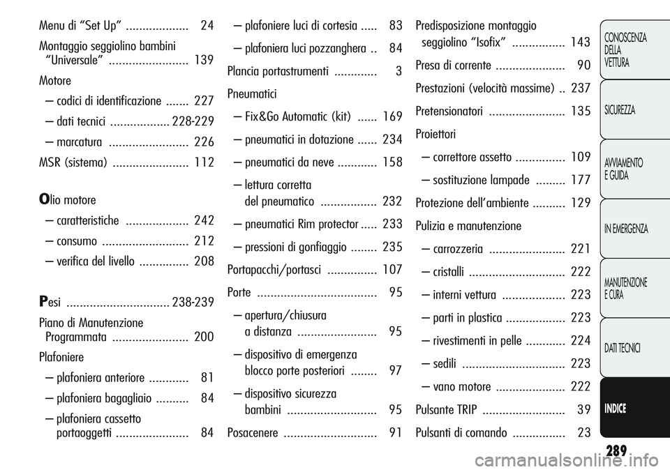 Alfa Romeo Giulietta 2011 Libretto Uso Manutenzione (in Italian) 289
CONOSCENZA
DELLA
VETTURA
SICUREZZA
AVVIAMENTO
E GUIDA
IN EMERGENZA
MANUTENZIONE
E CURA
DATI TECNICI
INDICE
Menu di “Set Up” ................... 24
Montaggio seggiolino bambini
“Universale Alfa Romeo Giulietta 2011 Libretto Uso Manutenzione (in Italian) 289
CONOSCENZA
DELLA
VETTURA
SICUREZZA
AVVIAMENTO
E GUIDA
IN EMERGENZA
MANUTENZIONE
E CURA
DATI TECNICI
INDICE
Menu di “Set Up” ................... 24
Montaggio seggiolino bambini
“Universale