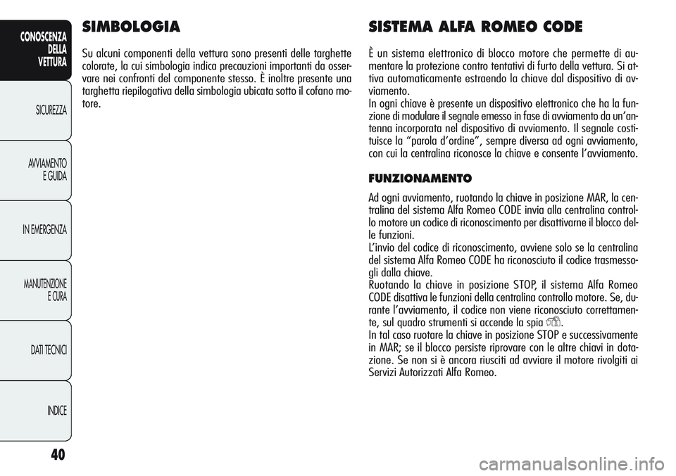 Alfa Romeo Giulietta 2011  Libretto Uso Manutenzione (in Italian) 40
CONOSCENZA
DELLA
VETTURA
SICUREZZA
AVVIAMENTO
E GUIDA
IN EMERGENZA
MANUTENZIONE
E CURA
DATI TECNICI
INDICE
SIMBOLOGIA
Su alcuni componenti della vettura sono presenti delle targhette
colorate, la c