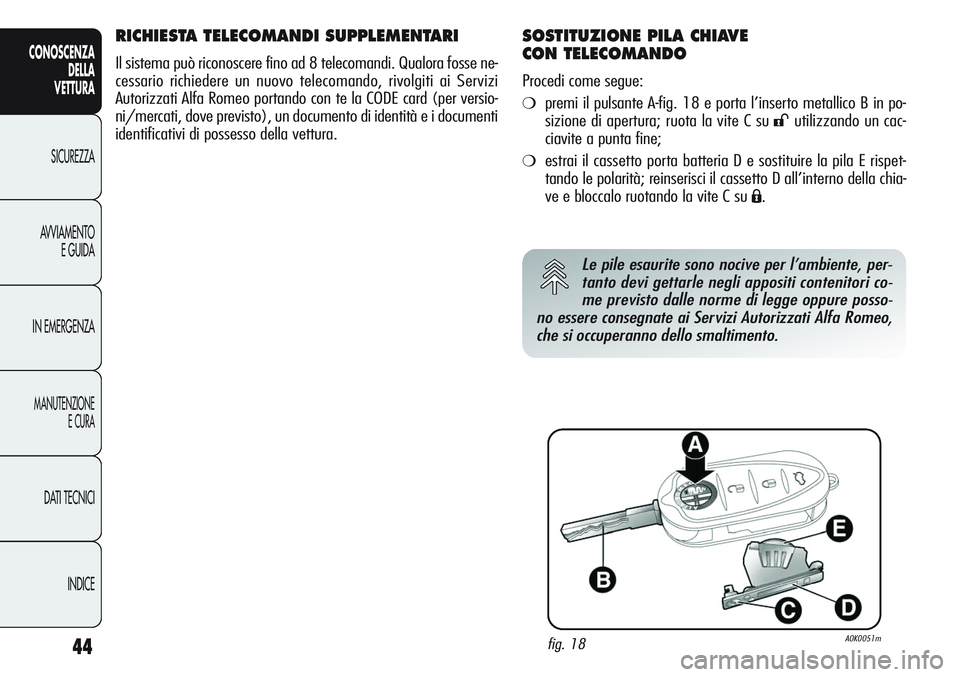 Alfa Romeo Giulietta 2011  Libretto Uso Manutenzione (in Italian) 44
CONOSCENZA
DELLA
VETTURA
SICUREZZA
AVVIAMENTO
E GUIDA
IN EMERGENZA
MANUTENZIONE
E CURA
DATI TECNICI
INDICE
RICHIESTA TELECOMANDI SUPPLEMENTARI
Il sistema può riconoscere fino ad 8 telecomandi. Qua