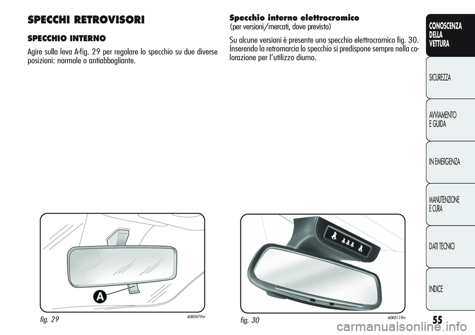 Alfa Romeo Giulietta 2011 Libretto Uso Manutenzione (in Italian) 55
CONOSCENZA
DELLA
VETTURA
SICUREZZA
AVVIAMENTO
E GUIDA
IN EMERGENZA
MANUTENZIONE
E CURA
DATI TECNICI
INDICE
fig. 29A0K0079m
SPECCHI RETROVISORI
SPECCHIO INTERNO
Agire sulla leva A-fig. 29 per regola Alfa Romeo Giulietta 2011 Libretto Uso Manutenzione (in Italian) 55
CONOSCENZA
DELLA
VETTURA
SICUREZZA
AVVIAMENTO
E GUIDA
IN EMERGENZA
MANUTENZIONE
E CURA
DATI TECNICI
INDICE
fig. 29A0K0079m
SPECCHI RETROVISORI
SPECCHIO INTERNO
Agire sulla leva A-fig. 29 per regola