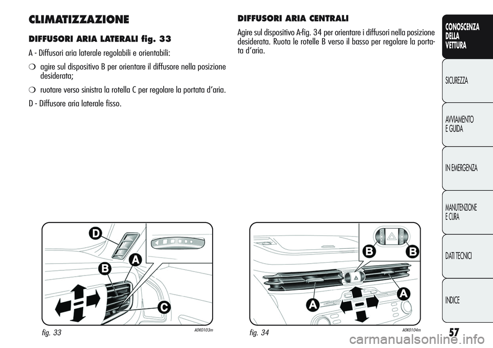 Alfa Romeo Giulietta 2011 Libretto Uso Manutenzione (in Italian) 57
CONOSCENZA
DELLA
VETTURA
SICUREZZA
AVVIAMENTO
E GUIDA
IN EMERGENZA
MANUTENZIONE
E CURA
DATI TECNICI
INDICE
CLIMATIZZAZIONE
DIFFUSORI ARIA LATERALI fig. 33
A - Diffusori aria laterale regolabili e o Alfa Romeo Giulietta 2011 Libretto Uso Manutenzione (in Italian) 57
CONOSCENZA
DELLA
VETTURA
SICUREZZA
AVVIAMENTO
E GUIDA
IN EMERGENZA
MANUTENZIONE
E CURA
DATI TECNICI
INDICE
CLIMATIZZAZIONE
DIFFUSORI ARIA LATERALI fig. 33
A - Diffusori aria laterale regolabili e o