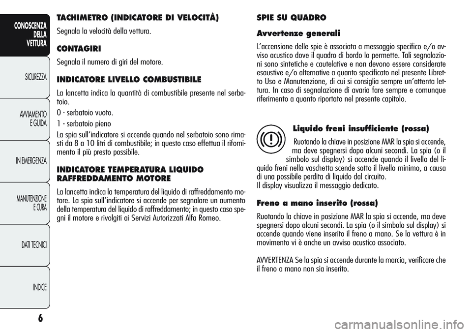 Alfa Romeo Giulietta 2011 Libretto Uso Manutenzione (in Italian) 6
CONOSCENZA
DELLA
VETTURA
SICUREZZA
AVVIAMENTO
E GUIDA
IN EMERGENZA
MANUTENZIONE
E CURA
DATI TECNICI
INDICE
TACHIMETRO (INDICATORE DI VELOCITÀ)
Segnala la velocità della vettura.
CONTAGIRI
Segnala Alfa Romeo Giulietta 2011 Libretto Uso Manutenzione (in Italian) 6
CONOSCENZA
DELLA
VETTURA
SICUREZZA
AVVIAMENTO
E GUIDA
IN EMERGENZA
MANUTENZIONE
E CURA
DATI TECNICI
INDICE
TACHIMETRO (INDICATORE DI VELOCITÀ)
Segnala la velocità della vettura.
CONTAGIRI
Segnala