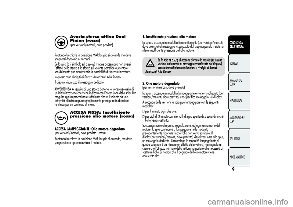 Alfa Romeo Giulietta 2013  Libretto Uso Manutenzione (in Italian) Avaria sterzo attivo Dual
Pinion (rossa)(per versioni/mercati, dove previsto)
Ruotando la chiave in posizione MAR la spia si accende ma deve
spegnersi dopo alcuni secondi.
Se la spia (o il simbolo sul