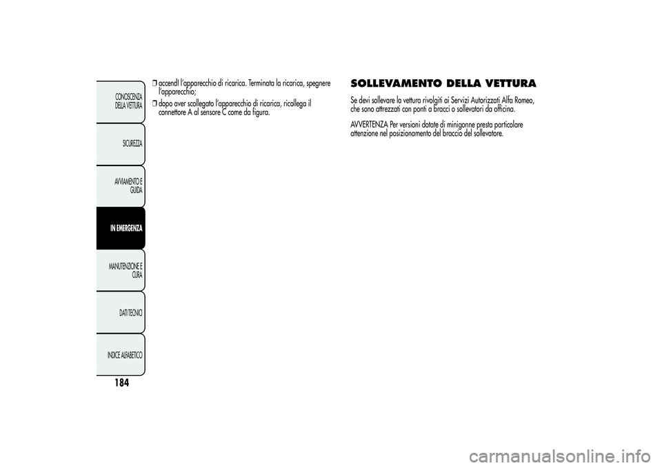 Alfa Romeo Giulietta 2013 Libretto Uso Manutenzione (in Italian) ❒accendI l’apparecchio di ricarica. Terminata la ricarica, spegnere
l’apparecchio;
❒dopo aver scollegato l’apparecchio di ricarica, ricollega il
connettore A al sensore C come da figura.
SOL Alfa Romeo Giulietta 2013 Libretto Uso Manutenzione (in Italian) ❒accendI l’apparecchio di ricarica. Terminata la ricarica, spegnere
l’apparecchio;
❒dopo aver scollegato l’apparecchio di ricarica, ricollega il
connettore A al sensore C come da figura.
SOL