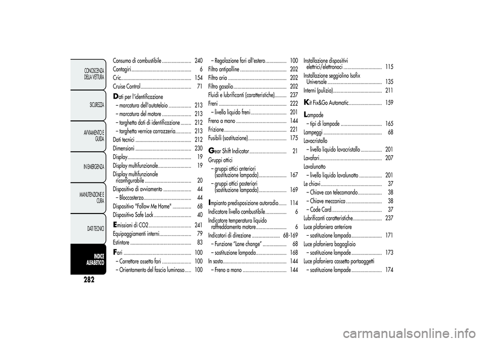 Alfa Romeo Giulietta 2013  Libretto Uso Manutenzione (in Italian) Consumo di combustibile ...................... 240
Contagiri ............................................. 6
Cric..................................................... 154
Cruise Control ..............