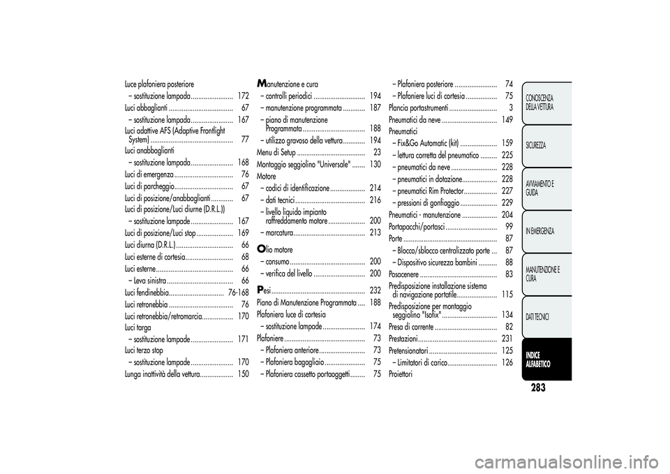 Alfa Romeo Giulietta 2013  Libretto Uso Manutenzione (in Italian) Luce plafoniera posteriore
– sostituzione lampada ....................... 172
Luci abbaglianti ................................... 67
– sostituzione lampada ....................... 167
Luci adatti