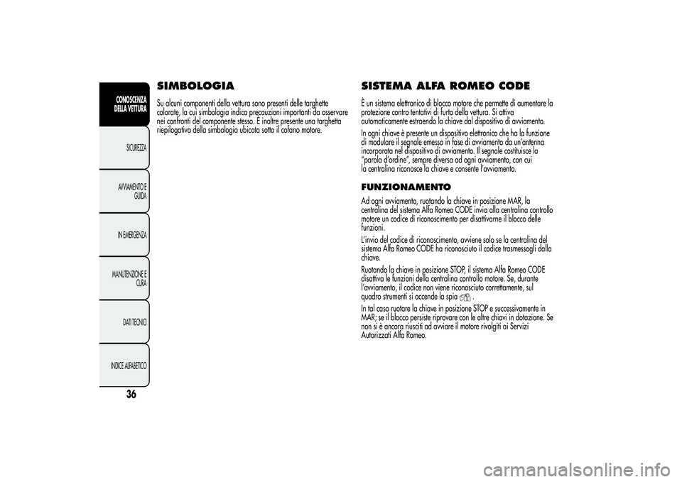 Alfa Romeo Giulietta 2013  Libretto Uso Manutenzione (in Italian) SIMBOLOGIASu alcuni componenti della vettura sono presenti delle targhette
colorate, la cui simbologia indica precauzioni importanti da osservare
nei confronti del componente stesso. È inoltre presen