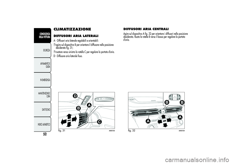 Alfa Romeo Giulietta 2013 Libretto Uso Manutenzione (in Italian) CLIMATIZZAZIONEDIFFUSORI ARIA LATERALIA - Diffusori aria laterale regolabili e orientabili:
❒agire sul dispositivo B per orientare il diffusore nella posizione
desiderata fig. 31;
❒ruotare verso s Alfa Romeo Giulietta 2013 Libretto Uso Manutenzione (in Italian) CLIMATIZZAZIONEDIFFUSORI ARIA LATERALIA - Diffusori aria laterale regolabili e orientabili:
❒agire sul dispositivo B per orientare il diffusore nella posizione
desiderata fig. 31;
❒ruotare verso s