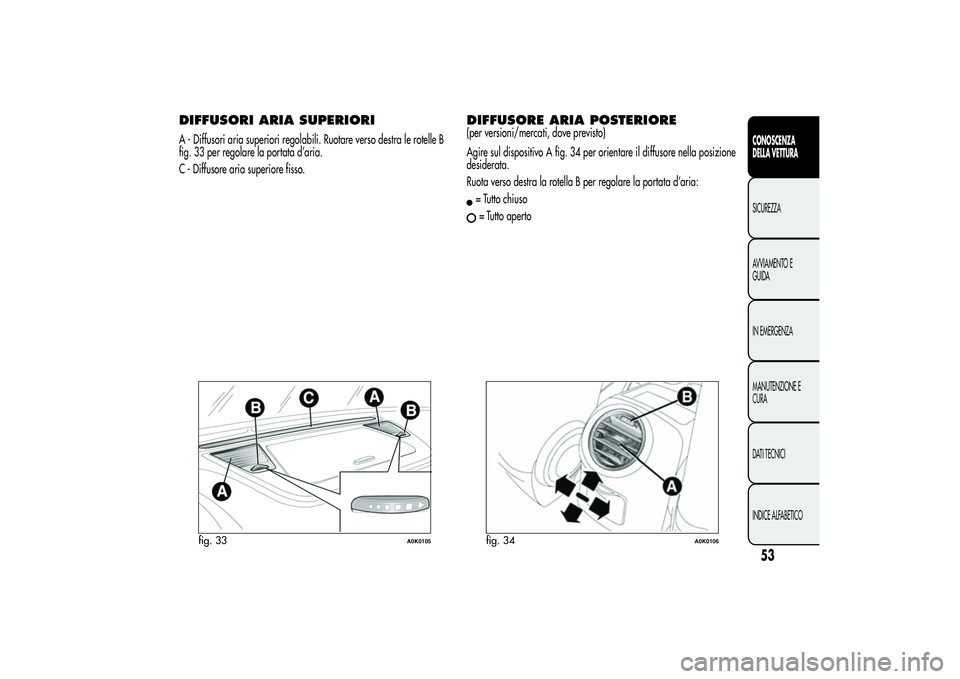 Alfa Romeo Giulietta 2013 Libretto Uso Manutenzione (in Italian) DIFFUSORI ARIA SUPERIORIA - Diffusori aria superiori regolabili. Ruotare verso destra le rotelle B
fig. 33 per regolare la portata d’aria.
C - Diffusore aria superiore fisso.
DIFFUSORE ARIA POSTERIO Alfa Romeo Giulietta 2013 Libretto Uso Manutenzione (in Italian) DIFFUSORI ARIA SUPERIORIA - Diffusori aria superiori regolabili. Ruotare verso destra le rotelle B
fig. 33 per regolare la portata d’aria.
C - Diffusore aria superiore fisso.
DIFFUSORE ARIA POSTERIO