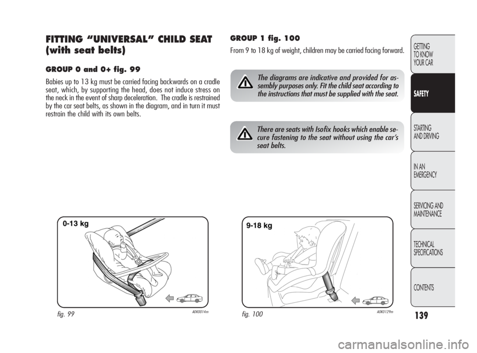 Alfa Romeo Giulietta 2010 Owner handbook (in English) 139
GETTING
TO KNOW
YOUR CAR
SAFETY
STARTING
AND DRIVING
IN AN
EMERGENCY
SERVICING AND
MAINTENANCE
TECHNICAL
SPECIFICATIONS
CONTENTS
FITTING “UNIVERSAL” CHILD SEAT
(with seat belts)
GROUP 0 Alfa Romeo Giulietta 2010 Owner handbook (in English) 139
GETTING
TO KNOW
YOUR CAR
SAFETY
STARTING
AND DRIVING
IN AN
EMERGENCY
SERVICING AND
MAINTENANCE
TECHNICAL
SPECIFICATIONS
CONTENTS
FITTING “UNIVERSAL” CHILD SEAT
(with seat belts)
GROUP 0