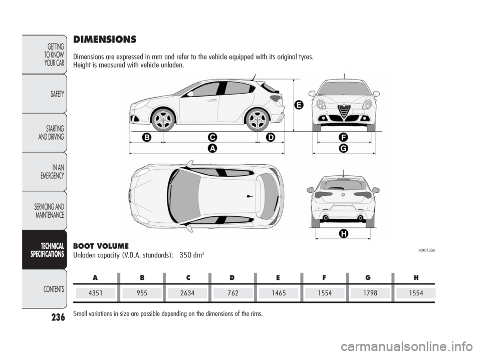 Alfa Romeo Giulietta 2010 Owner handbook (in English) ABCDEFG H
236
GETTING
TO KNOW
YOUR CAR
SAFETY
STARTING
AND DRIVING
IN AN
EMERGENCY
SERVICING AND
MAINTENANCE
TECHNICAL
SPECIFICAT IONS
CONTENTS
DIMENSIONS
Dimensions are expressed in mm and refer Alfa Romeo Giulietta 2010 Owner handbook (in English) ABCDEFG H
236
GETTING
TO KNOW
YOUR CAR
SAFETY
STARTING
AND DRIVING
IN AN
EMERGENCY
SERVICING AND
MAINTENANCE
TECHNICAL
SPECIFICAT IONS
CONTENTS
DIMENSIONS
Dimensions are expressed in mm and refer