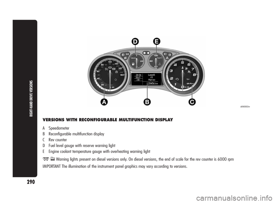 Alfa Romeo Giulietta 2010 Owner handbook (in English) VERSIONS WITH RECONFIGURABLE MULTIFUNCTION DISPLAY
A Speedometer
B Reconfigurable multifunction display
C Rev counter
D Fuel level gauge with reserve warning light
E Engine coolant temperature gauge w Alfa Romeo Giulietta 2010 Owner handbook (in English) VERSIONS WITH RECONFIGURABLE MULTIFUNCTION DISPLAY
A Speedometer
B Reconfigurable multifunction display
C Rev counter
D Fuel level gauge with reserve warning light
E Engine coolant temperature gauge w