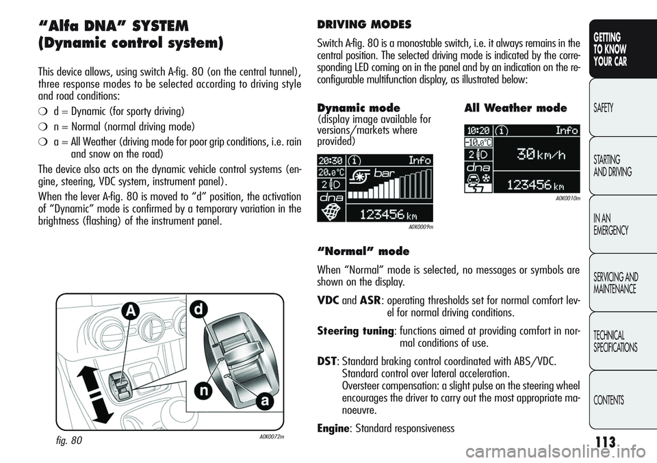 Alfa Romeo Giulietta 2011  Owner handbook (in English) 113
GETTING
TO KNOW 
YOUR CAR
SAFETY
STARTING 
AND DRIVING
IN AN 
EMERGENCY
SERVICING AND
MAINTENANCE
TECHNICAL
SPECIFICATIONS
CONTENTS
“Alfa DNA” SYSTEM 
(Dynamic control system) 
This device all