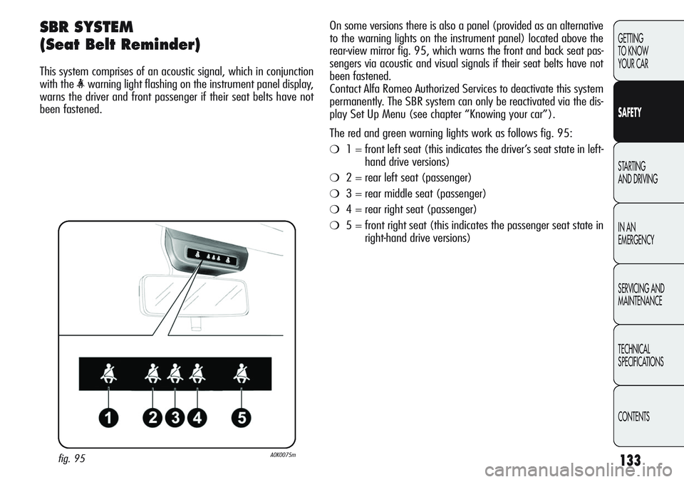 Alfa Romeo Giulietta 2012 Owner handbook (in English) 133
GETTING
TO KNOW
YOUR CAR
SAFETY
STARTING
AND DRIVING
IN AN
EMERGENCY
SERVICING AND
MAINTENANCE
TECHNICAL
SPECIFICATIONS
CONTENTS
SBR SYSTEM
(Seat Belt Reminder)
This system comprises of an aco Alfa Romeo Giulietta 2012 Owner handbook (in English) 133
GETTING
TO KNOW
YOUR CAR
SAFETY
STARTING
AND DRIVING
IN AN
EMERGENCY
SERVICING AND
MAINTENANCE
TECHNICAL
SPECIFICATIONS
CONTENTS
SBR SYSTEM
(Seat Belt Reminder)
This system comprises of an aco