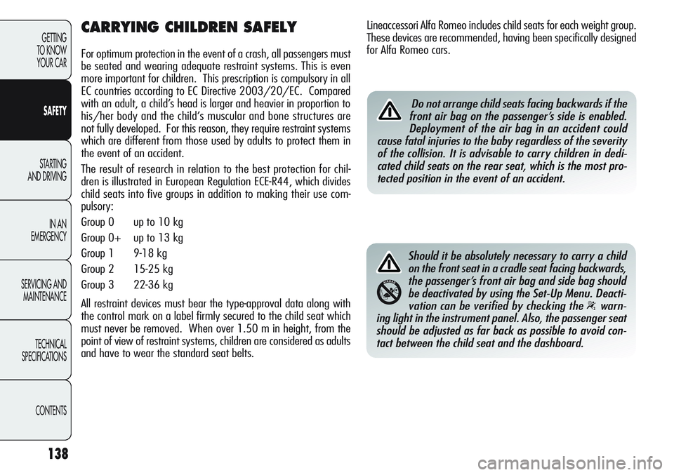 Alfa Romeo Giulietta 2011 Owner handbook (in English) 138
GETTING
TO KNOW
YOUR CAR
SAFETY
STARTING
AND DRIVING
IN AN
EMERGENCY
SERVICING AND
MAINTENANCE
TECHNICAL
SPECIFICATIONS
CONTENTS
CARRYING CHILDREN SAFELY
For optimum protection in the event of Alfa Romeo Giulietta 2011 Owner handbook (in English) 138
GETTING
TO KNOW
YOUR CAR
SAFETY
STARTING
AND DRIVING
IN AN
EMERGENCY
SERVICING AND
MAINTENANCE
TECHNICAL
SPECIFICATIONS
CONTENTS
CARRYING CHILDREN SAFELY
For optimum protection in the event of