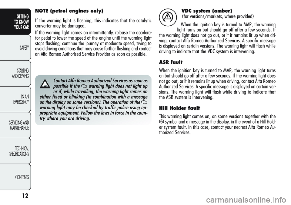 Alfa Romeo Giulietta 2012  Owner handbook (in English) 12
GETTING
TO KNOW 
YOUR CAR
SAFETY
STARTING 
AND DRIVING
IN AN 
EMERGENCY
SERVICING AND
MAINTENANCE
TECHNICAL
SPECIFICATIONS
CONTENTS
VDC system (amber)
(for versions/markets, where provided)
When th