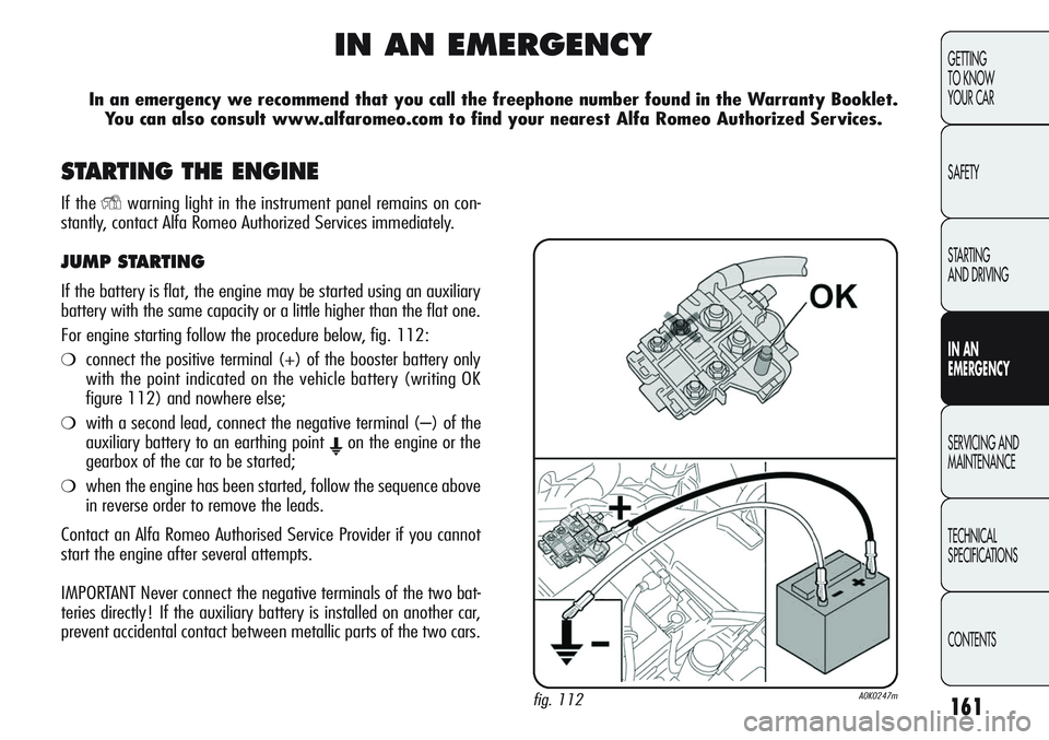 Alfa Romeo Giulietta 2012  Owner handbook (in English) 161
GETTING
TO KNOW 
YOUR CAR
SAFETY
STARTING 
AND DRIVING
IN AN 
EMERGENCY
SERVICING AND
MAINTENANCE
TECHNICAL
SPECIFICATIONS
CONTENTS
IN AN EMERGENCY
In an emergency we recommend that you call the f