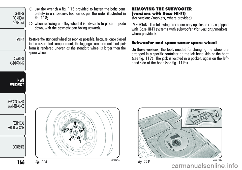 Alfa Romeo Giulietta 2012  Owner handbook (in English) 166
GETTING
TO KNOW 
YOUR CAR
SAFETY
STARTING 
AND DRIVING
IN AN 
EMERGENCY
SERVICING AND
MAINTENANCE
TECHNICAL
SPECIFICATIONS
CONTENTS
fig. 118A0K0040mfig. 119A0K0235m
❍use the wrench A-fig. 115 pr