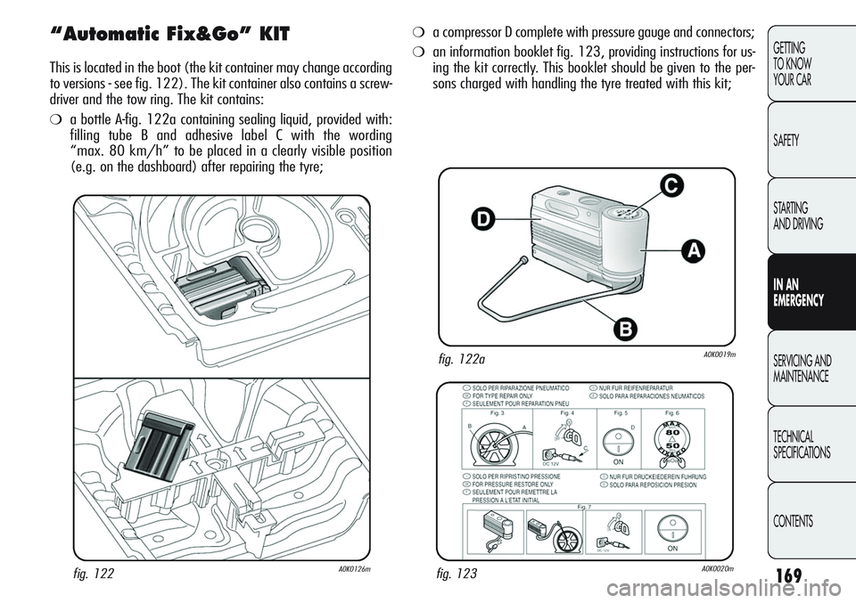 Alfa Romeo Giulietta 2011 Owner handbook (in English) 169
GETTING
TO KNOW
YOUR CAR
SAFETY
STARTING
AND DRIVING
IN AN
EMERGENCY
SERVICING AND
MAINTENANCE
TECHNICAL
SPECIFICATIONS
CONTENTS
“Automatic Fix&Go” KIT
This is located in the boot (the kit Alfa Romeo Giulietta 2011 Owner handbook (in English) 169
GETTING
TO KNOW
YOUR CAR
SAFETY
STARTING
AND DRIVING
IN AN
EMERGENCY
SERVICING AND
MAINTENANCE
TECHNICAL
SPECIFICATIONS
CONTENTS
“Automatic Fix&Go” KIT
This is located in the boot (the kit