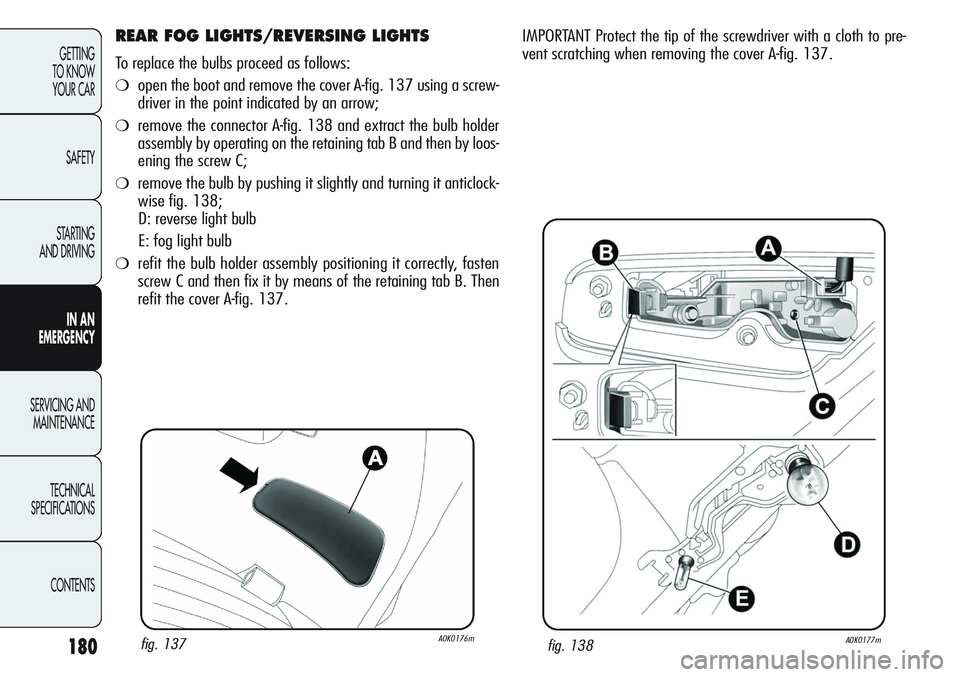 Alfa Romeo Giulietta 2012  Owner handbook (in English) 180
GETTING
TO KNOW 
YOUR CAR
SAFETY
STARTING 
AND DRIVING
IN AN 
EMERGENCY
SERVICING AND
MAINTENANCE
TECHNICAL
SPECIFICATIONS
CONTENTS
REAR FOG LIGHTS/REVERSING LIGHTS 
To replace the bulbs proceed a