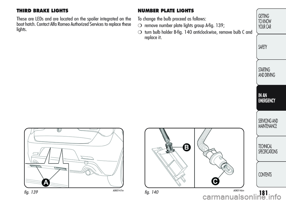Alfa Romeo Giulietta 2011 Owner handbook (in English) 181
GETTING
TO KNOW
YOUR CAR
SAFETY
STARTING
AND DRIVING
IN AN
EMERGENCY
SERVICING AND
MAINTENANCE
TECHNICAL
SPECIFICATIONS
CONTENTS
THIRD BRAKE LIGHTS
These are LEDs and are located on the spoile Alfa Romeo Giulietta 2011 Owner handbook (in English) 181
GETTING
TO KNOW
YOUR CAR
SAFETY
STARTING
AND DRIVING
IN AN
EMERGENCY
SERVICING AND
MAINTENANCE
TECHNICAL
SPECIFICATIONS
CONTENTS
THIRD BRAKE LIGHTS
These are LEDs and are located on the spoile