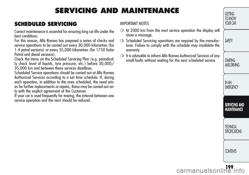 Alfa Romeo Giulietta 2011 Owner handbook (in English) 199
GETTING
TO KNOW
YOUR CAR
SAFETY
STARTING
AND DRIVING
IN AN
EMERGENCY
SERVICING AND
MAINTENANCE
TECHNICAL
SPECIFICATIONS
CONTENTS
SERVICING AND MAINTENANCE
IMPORTANT NOTES
❍At 2000 km from th Alfa Romeo Giulietta 2011 Owner handbook (in English) 199
GETTING
TO KNOW
YOUR CAR
SAFETY
STARTING
AND DRIVING
IN AN
EMERGENCY
SERVICING AND
MAINTENANCE
TECHNICAL
SPECIFICATIONS
CONTENTS
SERVICING AND MAINTENANCE
IMPORTANT NOTES
❍At 2000 km from th