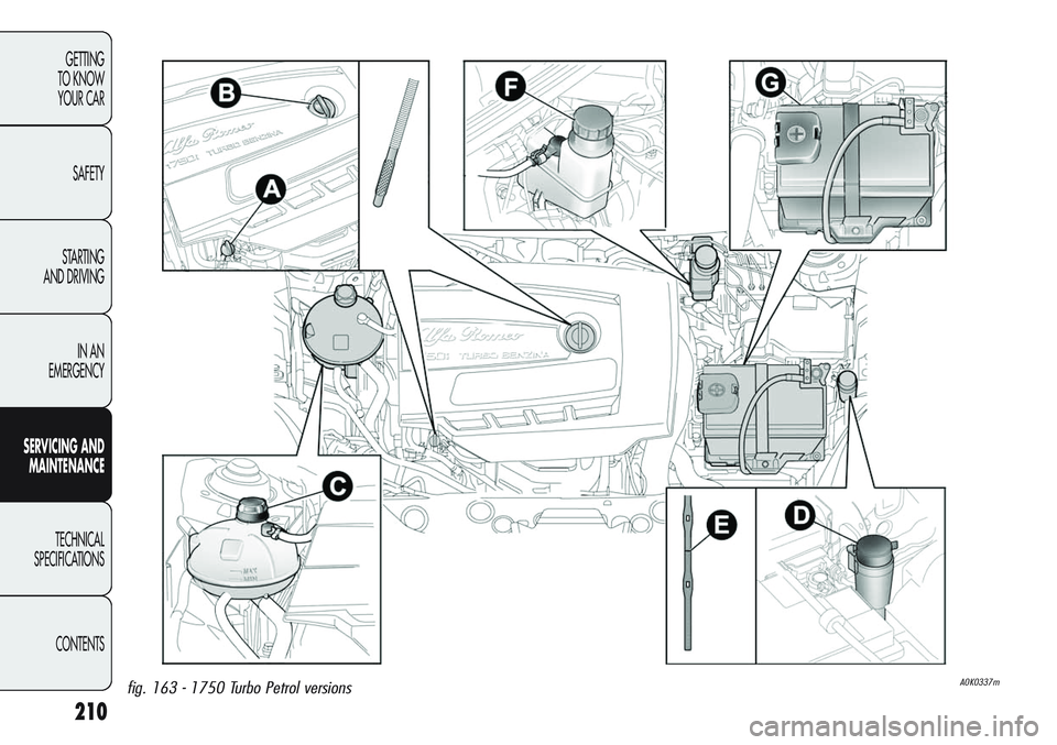Alfa Romeo Giulietta 2011 Owner handbook (in English) 210
GETTING
TO KNOW
YOUR CAR
SAFETY
STARTING
AND DRIVING
IN AN
EMERGENCY
SERVICING AND
MAINTENANCE
TECHNICAL
SPECIFICATIONS
CONTENTS
fig. 163 - 1750 Turbo Petrol versionsA0K0337m Alfa Romeo Giulietta 2011 Owner handbook (in English) 210
GETTING
TO KNOW
YOUR CAR
SAFETY
STARTING
AND DRIVING
IN AN
EMERGENCY
SERVICING AND
MAINTENANCE
TECHNICAL
SPECIFICATIONS
CONTENTS
fig. 163 - 1750 Turbo Petrol versionsA0K0337m