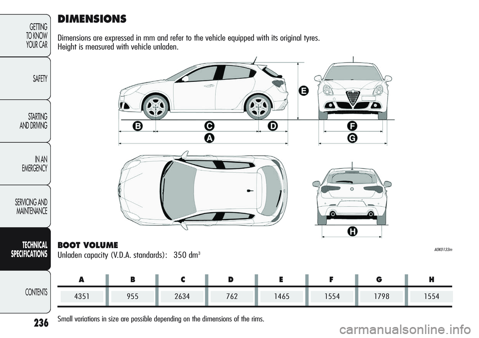 Alfa Romeo Giulietta 2011 Owner handbook (in English) ABCDEFG H
236
GETTING
TO KNOW
YOUR CAR
SAFETY
STARTING
AND DRIVING
IN AN
EMERGENCY
SERVICING AND
MAINTENANCE
TECHNICAL
SPECIFICATIONS
CONTENTS
DIMENSIONS
Dimensions are expressed in mm and refer to Alfa Romeo Giulietta 2011 Owner handbook (in English) ABCDEFG H
236
GETTING
TO KNOW
YOUR CAR
SAFETY
STARTING
AND DRIVING
IN AN
EMERGENCY
SERVICING AND
MAINTENANCE
TECHNICAL
SPECIFICATIONS
CONTENTS
DIMENSIONS
Dimensions are expressed in mm and refer to