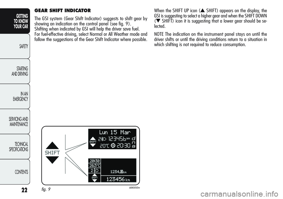 Alfa Romeo Giulietta 2012 Owner handbook (in English) 22
GETTING
TO KNOW
YOUR CAR
SAFETY
STARTING
AND DRIVING
IN AN
EMERGENCY
SERVICING AND
MAINTENANCE
TECHNICAL
SPECIFICATIONS
CONTENTS
GEAR SHIFT INDICATOR
The GSI system (Gear Shift Indicator) sugge Alfa Romeo Giulietta 2012 Owner handbook (in English) 22
GETTING
TO KNOW
YOUR CAR
SAFETY
STARTING
AND DRIVING
IN AN
EMERGENCY
SERVICING AND
MAINTENANCE
TECHNICAL
SPECIFICATIONS
CONTENTS
GEAR SHIFT INDICATOR
The GSI system (Gear Shift Indicator) sugge