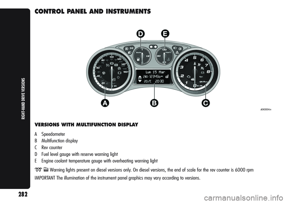 Alfa Romeo Giulietta 2012 Owner handbook (in English) CONTROL PANEL AND INSTRUMENTS
VERSIONS WITH MULTIFUNCTION DISPLAY
A Speedometer
B Multifunction display
C Rev counter
D Fuel level gauge with reserve warning light
E Engine coolant temperature gaug Alfa Romeo Giulietta 2012 Owner handbook (in English) CONTROL PANEL AND INSTRUMENTS
VERSIONS WITH MULTIFUNCTION DISPLAY
A Speedometer
B Multifunction display
C Rev counter
D Fuel level gauge with reserve warning light
E Engine coolant temperature gaug