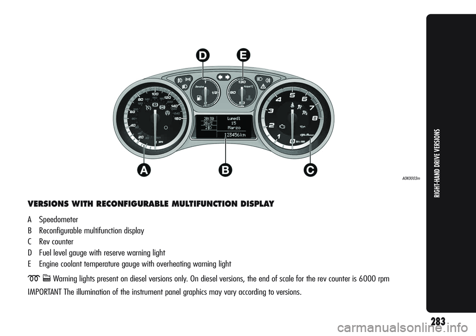 Alfa Romeo Giulietta 2012 Owner handbook (in English) VERSIONS WITH RECONFIGURABLE MULTIFUNCTION DISPLAY
A Speedometer
B Reconfigurable multifunction display
C Rev counter
D Fuel level gauge with reserve warning light
E Engine coolant temperature gau Alfa Romeo Giulietta 2012 Owner handbook (in English) VERSIONS WITH RECONFIGURABLE MULTIFUNCTION DISPLAY
A Speedometer
B Reconfigurable multifunction display
C Rev counter
D Fuel level gauge with reserve warning light
E Engine coolant temperature gau