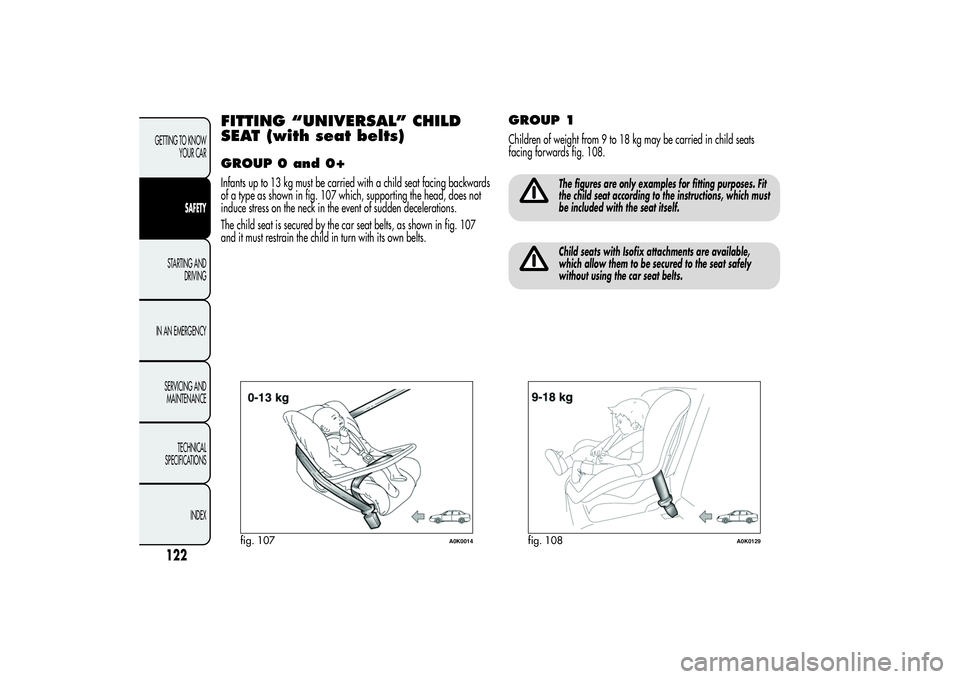 Alfa Romeo Giulietta 2013  Owner handbook (in English) FITTING “UNIVERSAL” CHILD
SEAT (with seat belts)GROUP 0 and 0+Infants up to 13 kg must be carried with a child seat facing backwards
of a type as shown in fig. 107 which, supporting the head, does