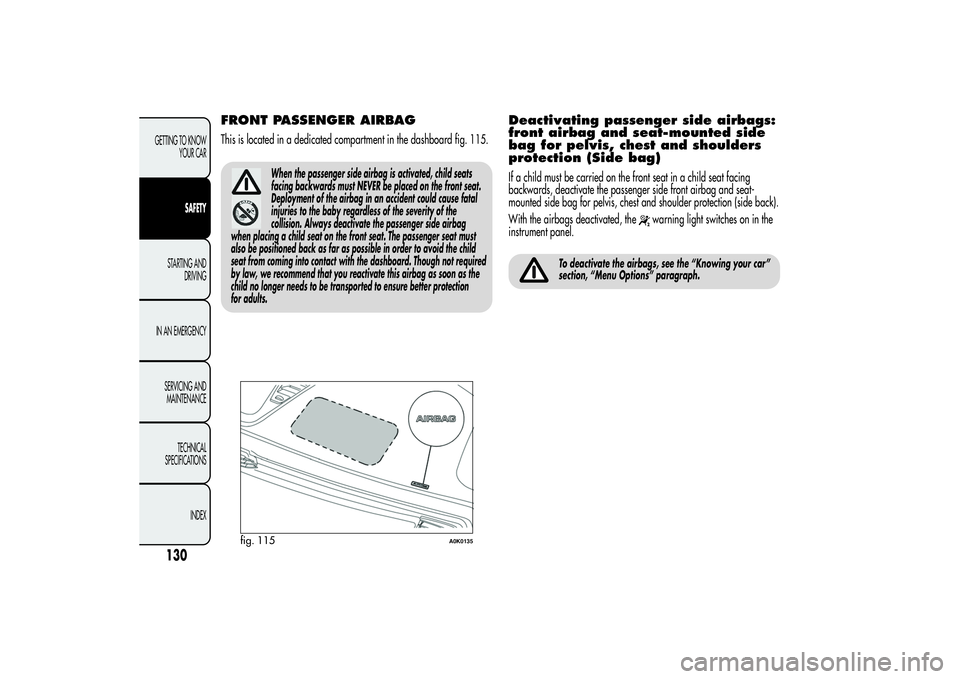 Alfa Romeo Giulietta 2013 Owner handbook (in English) FRONT PASSENGER AIRBAGThis is located in a dedicated compartment in the dashboard fig. 115.
When the passenger side airbag is activated, child seats
facing backwards must NEVER be placed on the front Alfa Romeo Giulietta 2013 Owner handbook (in English) FRONT PASSENGER AIRBAGThis is located in a dedicated compartment in the dashboard fig. 115.
When the passenger side airbag is activated, child seats
facing backwards must NEVER be placed on the front